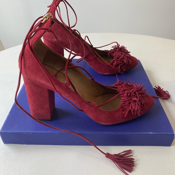 Aquazzura Burgundy Suede Fringe Wild Thing Pumps Lace Up Heels Size 41 US 10 - Picture 8 of 11